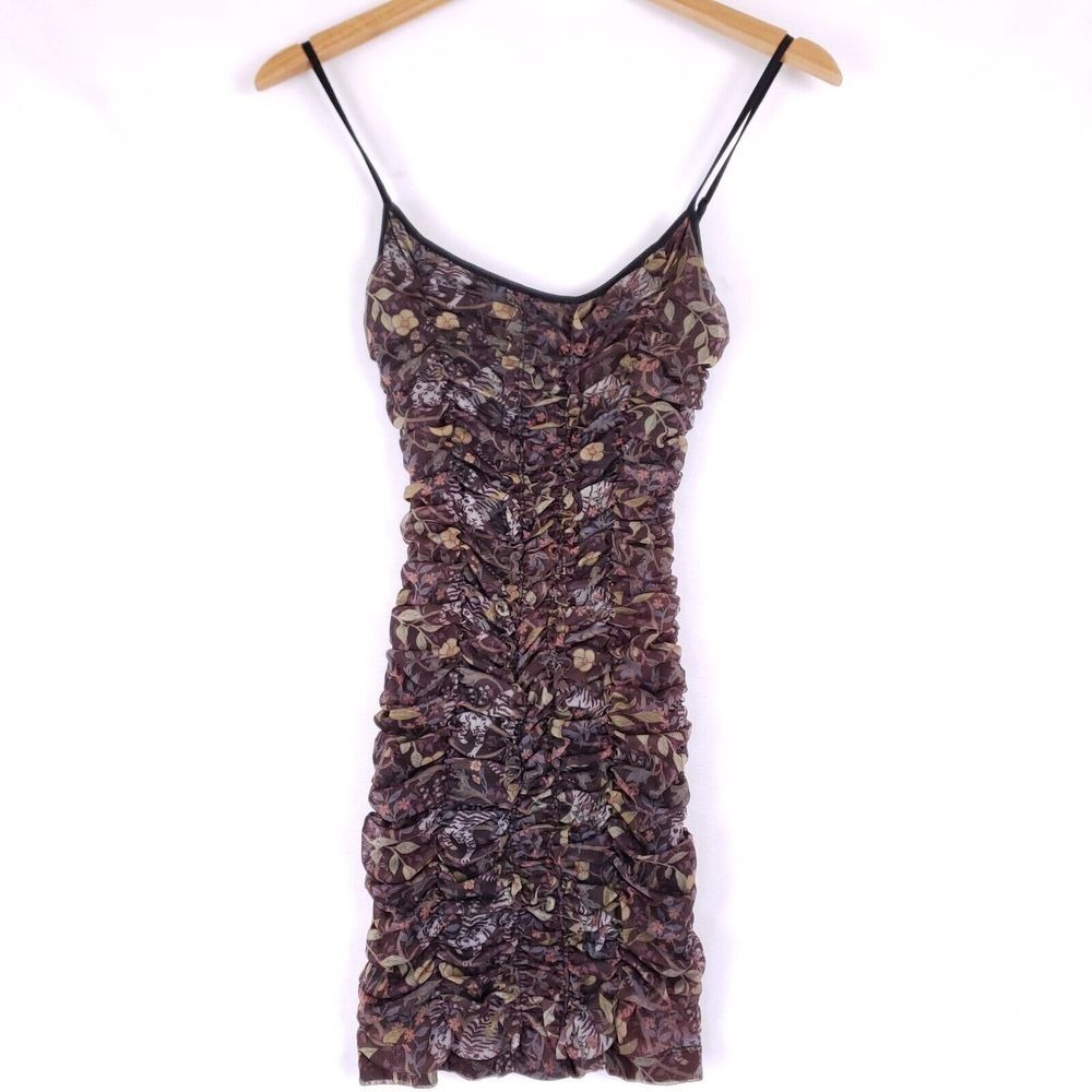 Urban Outfitters Ruched Floral Slip Dress in Mauve and Black